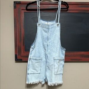 aerie Light Wash Denim Short Overalls